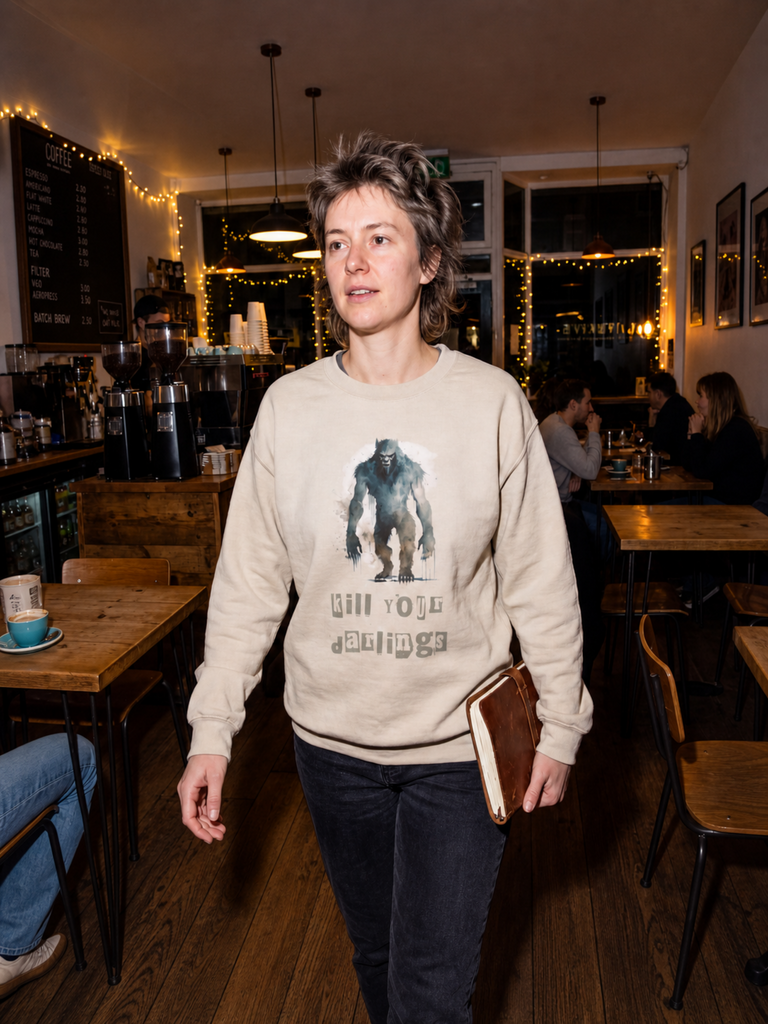 woman in cafe wearing sand coloured Kill Your Darlings Wolfman sweatshirt