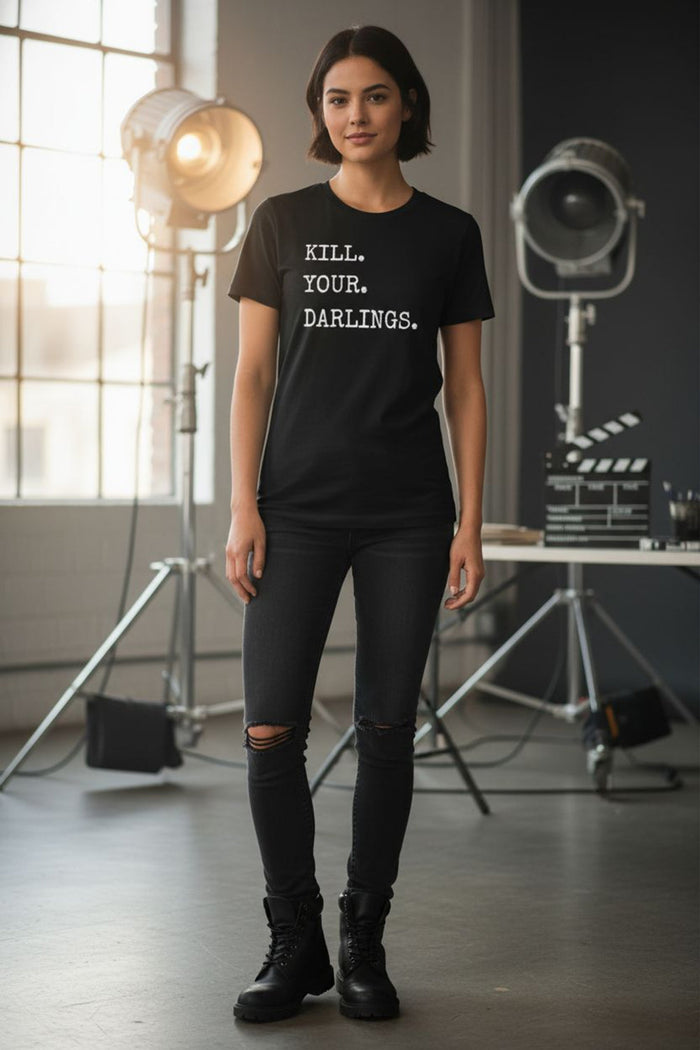 Screenwriter on set wearing a black Untamed Chapter tee shirt with the Kill Your Darlings slogan