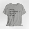 Crew Names Graphic Tee — "Poe & Bradshaw & Flynn & Doyle." Printify