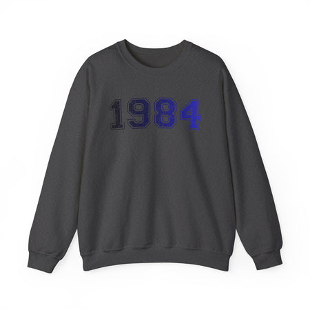 Gray sweatshirt with '1984' printed in blue on a white background