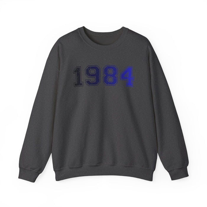Gray sweatshirt with '1984' printed in blue on a white background