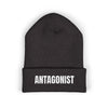 Black beanie with 'ANTAGONIST' text on a white background
