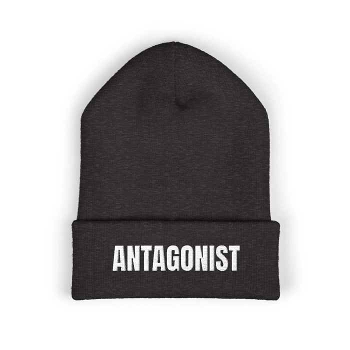 Black beanie with 'ANTAGONIST' text on a white background