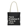 Literary Character List Tote Bag – Poe & Bradshaw & Flynn & Doyle. Printify