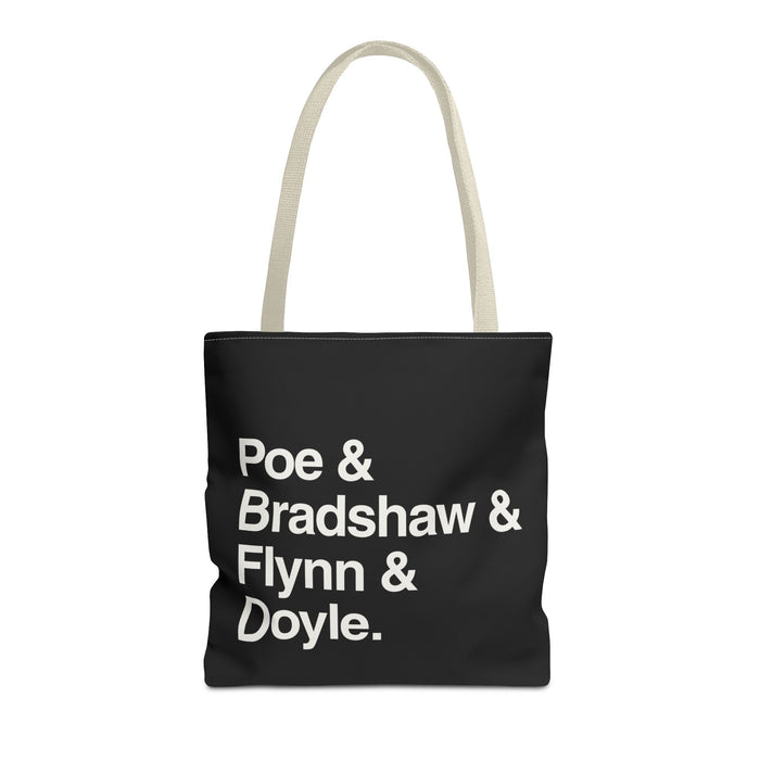 Literary Character List Tote Bag – Poe & Bradshaw & Flynn & Doyle. Printify