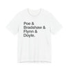 Crew Names Graphic Tee — "Poe & Bradshaw & Flynn & Doyle." Printify