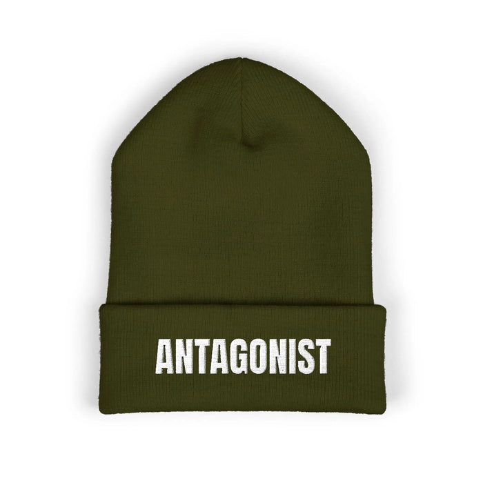 Green beanie with 'ANTAGONIST' text on a white background