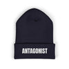 Black beanie with 'ANTAGONIST' text on a white background