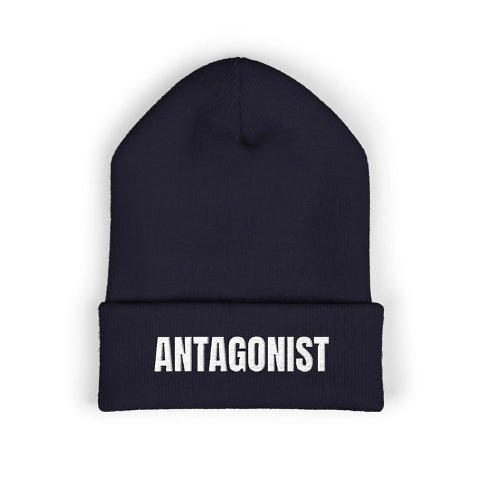 Black beanie with 'ANTAGONIST' text on a white background