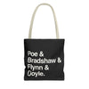 Literary Character List Tote Bag – Poe & Bradshaw & Flynn & Doyle. Printify