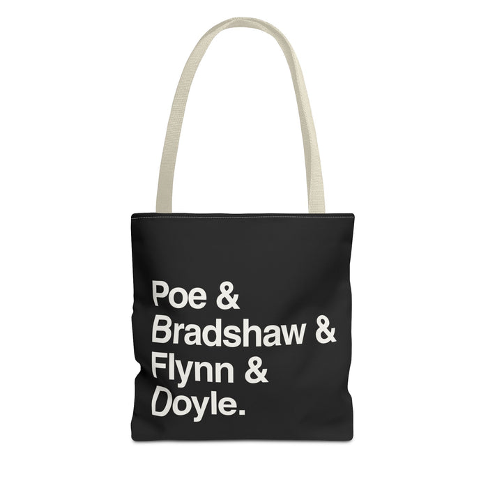 Literary Character List Tote Bag – Poe & Bradshaw & Flynn & Doyle. Printify