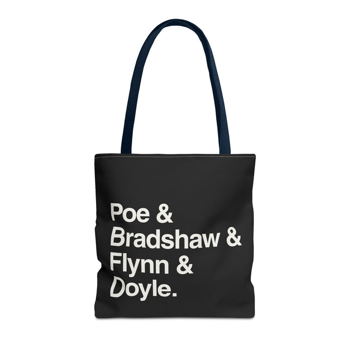 Literary Character List Tote Bag – Poe & Bradshaw & Flynn & Doyle. Printify