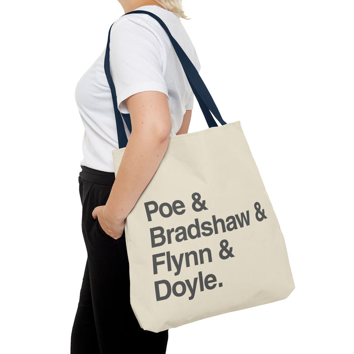 Tote Bag — Minimalist 'Poe & Bradshaw & Flynn & Doyle.' Text Tote Printify