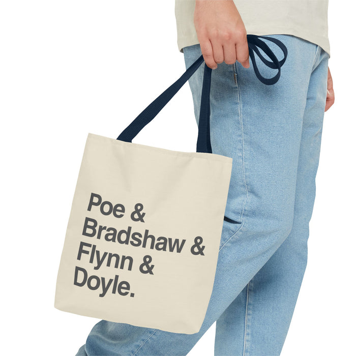 Tote Bag — Minimalist 'Poe & Bradshaw & Flynn & Doyle.' Text Tote Printify