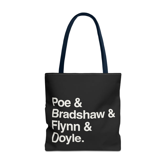 Literary Character List Tote Bag – Poe & Bradshaw & Flynn & Doyle. Printify