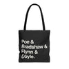 Literary Character List Tote Bag – Poe & Bradshaw & Flynn & Doyle. Printify