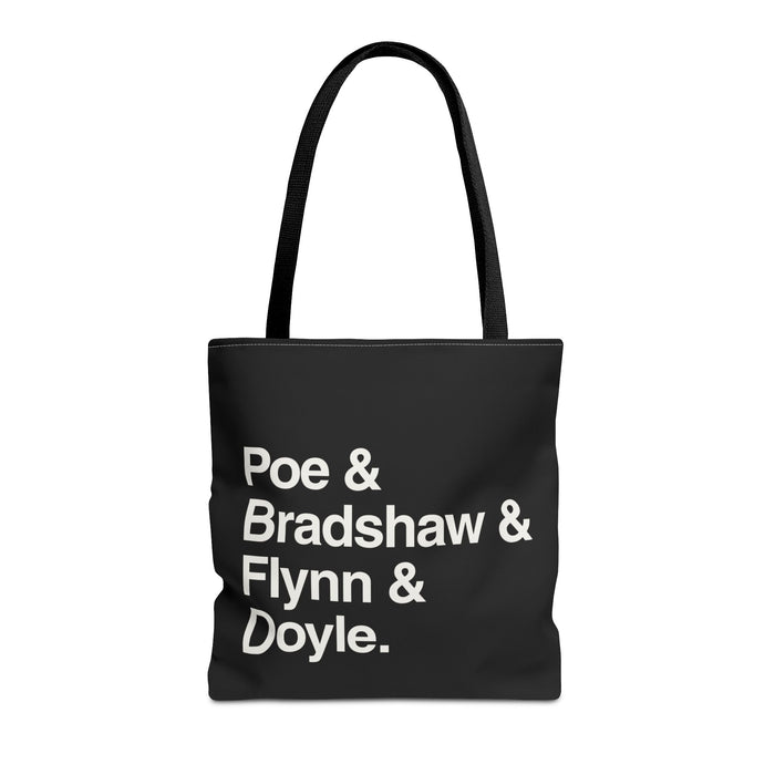 Literary Character List Tote Bag – Poe & Bradshaw & Flynn & Doyle. Printify
