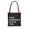 Literary Character List Tote Bag – Poe & Bradshaw & Flynn & Doyle. Printify