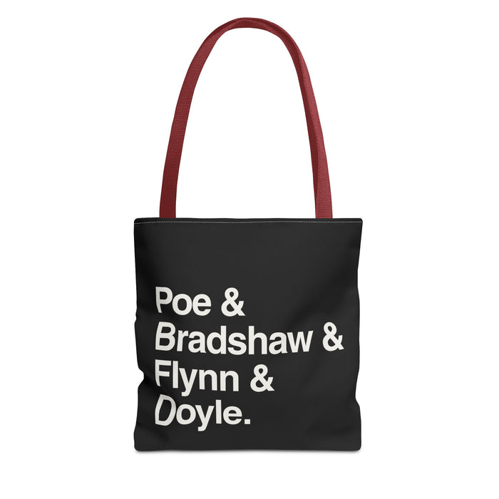 Literary Character List Tote Bag – Poe & Bradshaw & Flynn & Doyle. Printify