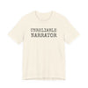 Beige t-shirt with 'UNRELIABLE NARRATOR' text on a white background