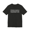 Black t-shirt with 'UNRELIABLE NARRATOR' text on a white background
