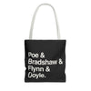 Literary Character List Tote Bag – Poe & Bradshaw & Flynn & Doyle. Printify