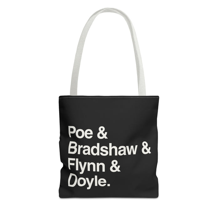 Literary Character List Tote Bag – Poe & Bradshaw & Flynn & Doyle. Printify