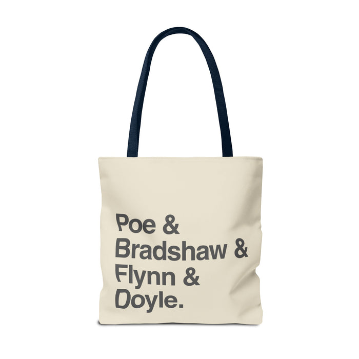 Tote Bag — Minimalist 'Poe & Bradshaw & Flynn & Doyle.' Text Tote Printify