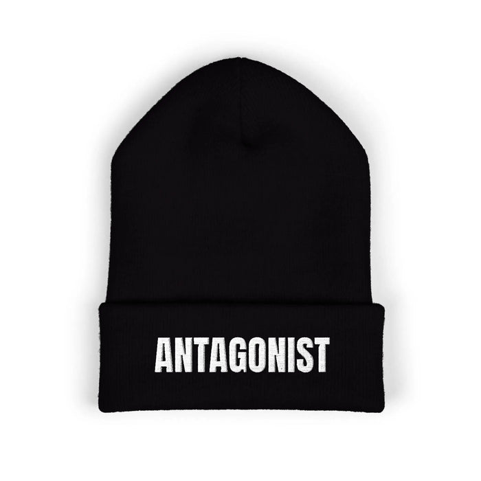 Black beanie with 'ANTAGONIST' text on a white background