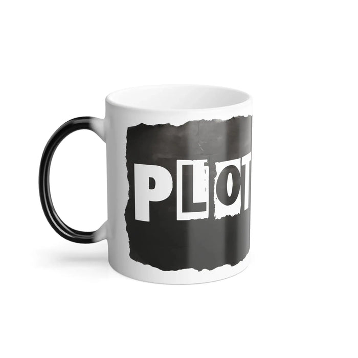 White mug with black handle and 'PLOT TWIST' text on a white background
