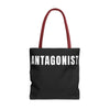 Black tote bag with 'ANTAGONIST' text on a white background