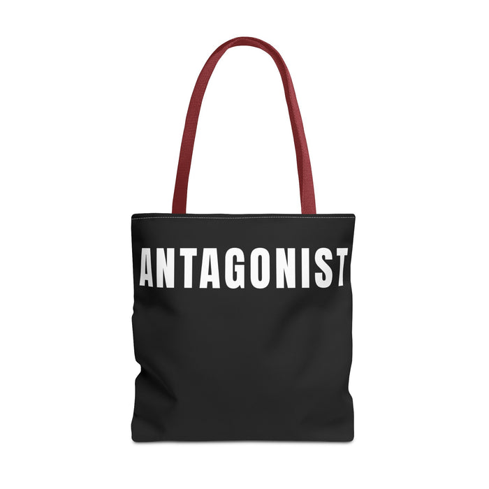 Black tote bag with 'ANTAGONIST' text on a white background