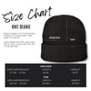Black knit beanie with size chart on a white background