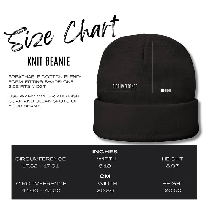 Black knit beanie with size chart on a white background