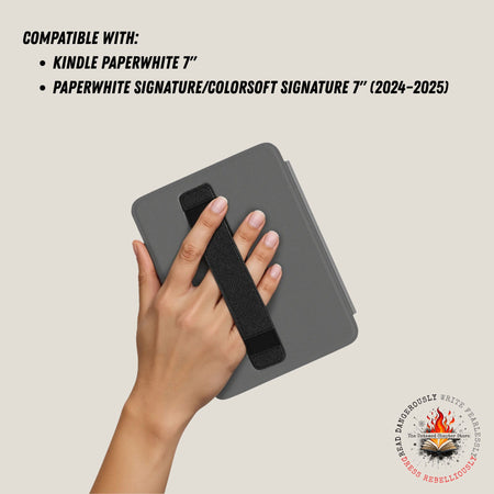 Hand holding a black device against a gray tablet, with compatibility text for Kindle Paperwhite 7” and Paperwhite Signature/Colorsoft Signature 7” devices.