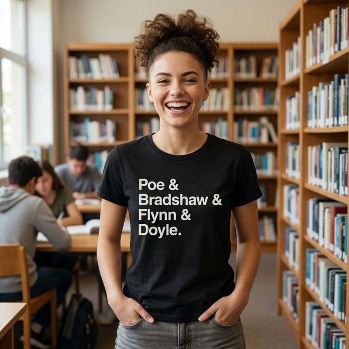 Crew Names Graphic Tee — "Poe & Bradshaw & Flynn & Doyle." Printify