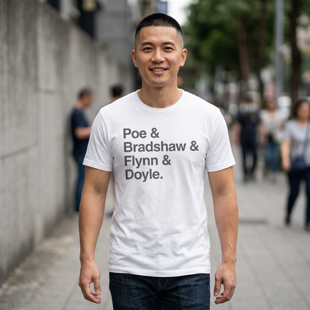 Crew Names Graphic Tee — "Poe & Bradshaw & Flynn & Doyle." Printify