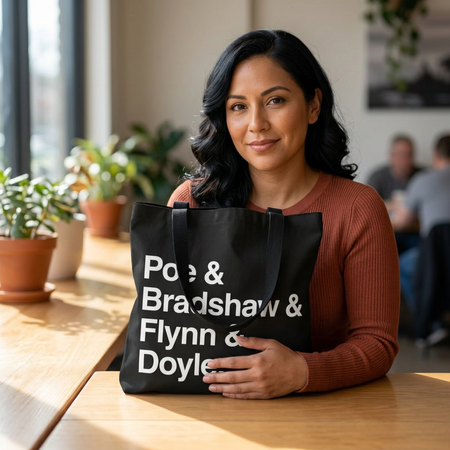 Literary Character List Tote Bag – Poe & Bradshaw & Flynn & Doyle. Printify