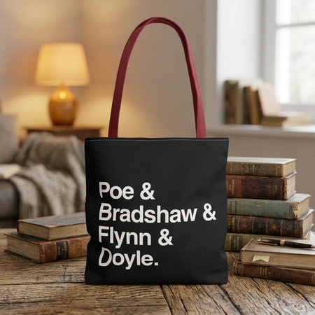 Literary Character List Tote Bag – Poe & Bradshaw & Flynn & Doyle. Printify