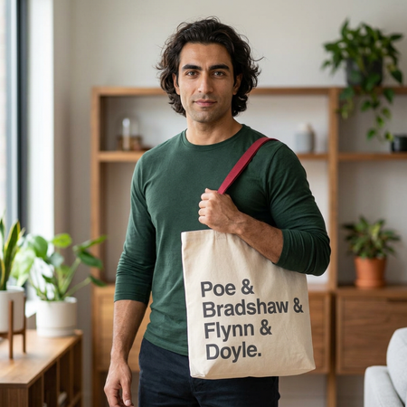 Tote Bag — Minimalist 'Poe & Bradshaw & Flynn & Doyle.' Text Tote Printify