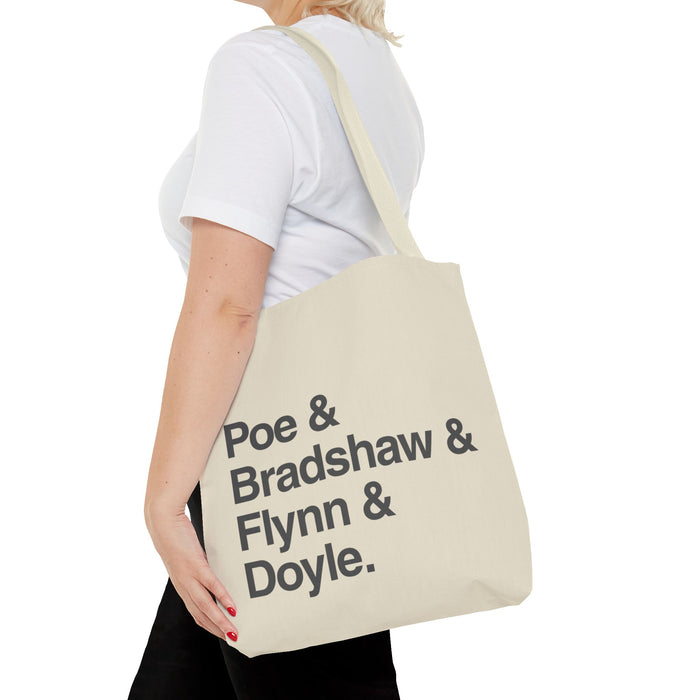Tote Bag — Minimalist 'Poe & Bradshaw & Flynn & Doyle.' Text Tote Printify