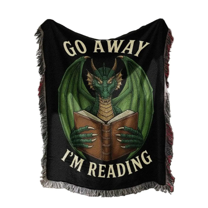 Go Away I'm Reading Dragon Woven Blanket Printify
