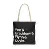 Literary Character List Tote Bag – Poe & Bradshaw & Flynn & Doyle. Printify