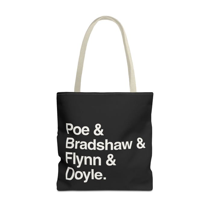 Literary Character List Tote Bag – Poe & Bradshaw & Flynn & Doyle. Printify