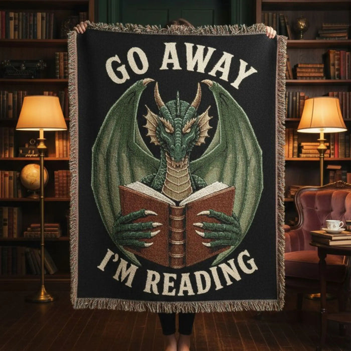 Go Away I'm Reading Dragon Woven Blanket Printify