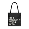 Literary Character List Tote Bag – Poe & Bradshaw & Flynn & Doyle. Printify