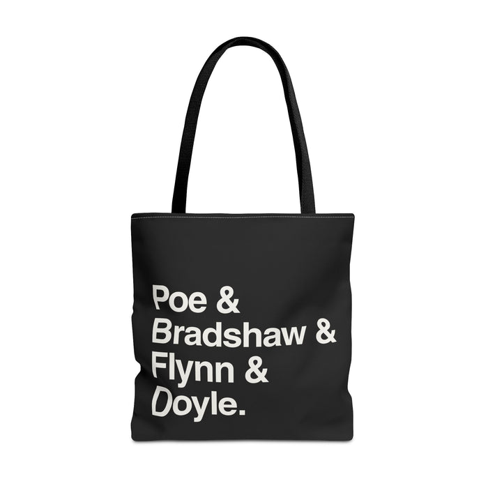 Literary Character List Tote Bag – Poe & Bradshaw & Flynn & Doyle. Printify