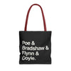 Literary Character List Tote Bag – Poe & Bradshaw & Flynn & Doyle. Printify