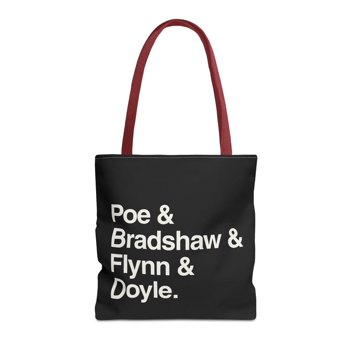 Literary Character List Tote Bag – Poe & Bradshaw & Flynn & Doyle. Printify
