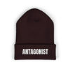Brown beanie with 'ANTAGONIST' text on a white background